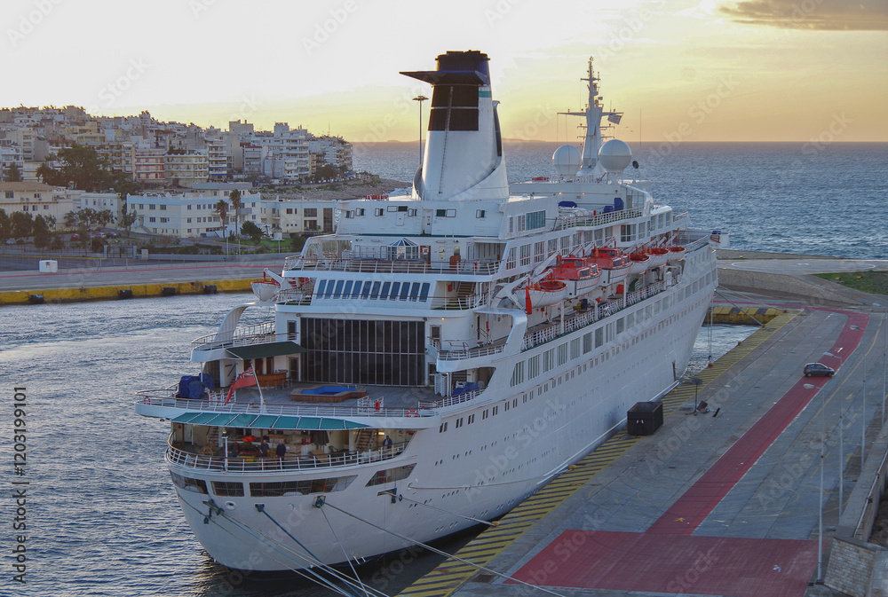 Obraz premium Luxury classic cruiseship cruise ship liner Discovery during sunrise twilight dawn laid up in port of Piraeus, Athens Greece with city skyline and oceanscape horizon view