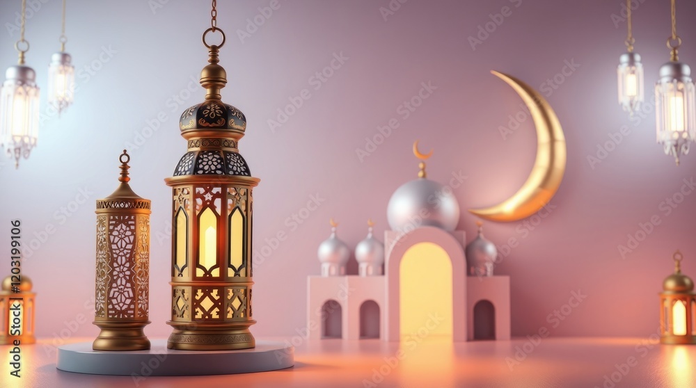 Obraz premium Ethereal Ramadan background 3D modern Islamic art depicting an ornamental Arabic lantern, metal moon, and mosque portal. Vibrant complimentary colors 