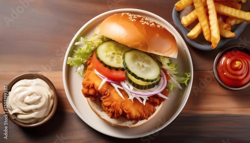 top down view of Creative Burger Plate with Sesame Bun, Fries, and Ketchup Garnish photo