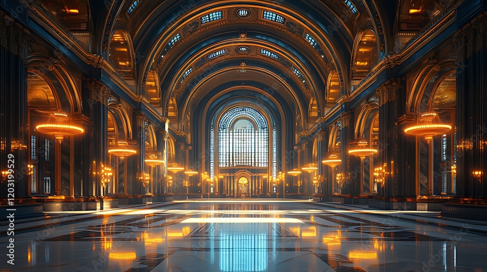 Fototapeta premium Grand hall, opulent interior, marble floor, arched ceiling, golden lights, futuristic background, event venue