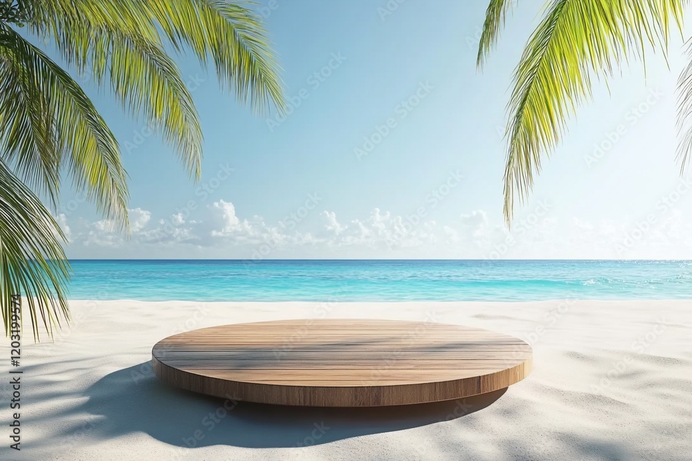 Obraz premium Tropical beach scene with empty wooden platform.