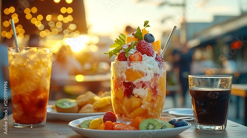 Sunset Dining with Refreshing Beverages and Fruit Dessert on a Patio photo