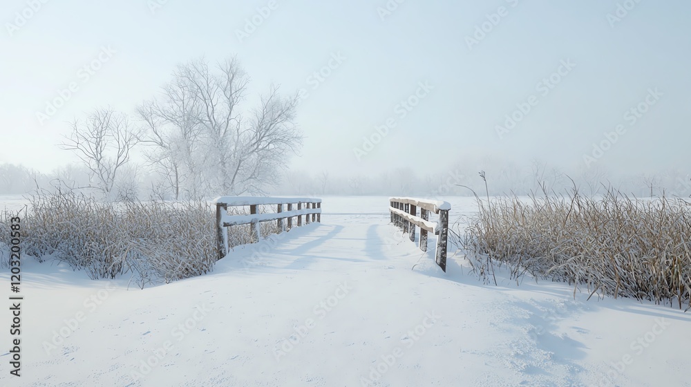 Snowy landscape with a wooden bridge leading into a misty winter wonderland, surrounded by frosty trees and grasses. Snowy landscape with a wooden bridge leading into a misty winter wonderland, surrounded by frosty trees and grasses.