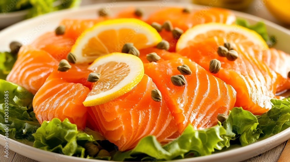 Fresh salmon fillets with lemon and capers. Fresh salmon fillets with lemon and capers.