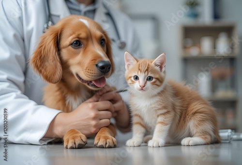 Female veterinarian holding cat and dog in hands Hospital background