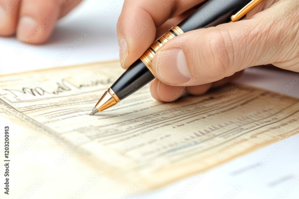 Man signing antique document close-up; office background, legal paperwork Man signing antique document close-up; office background, legal paperwork
