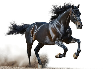 Black horse running gallop isolated on transparent background