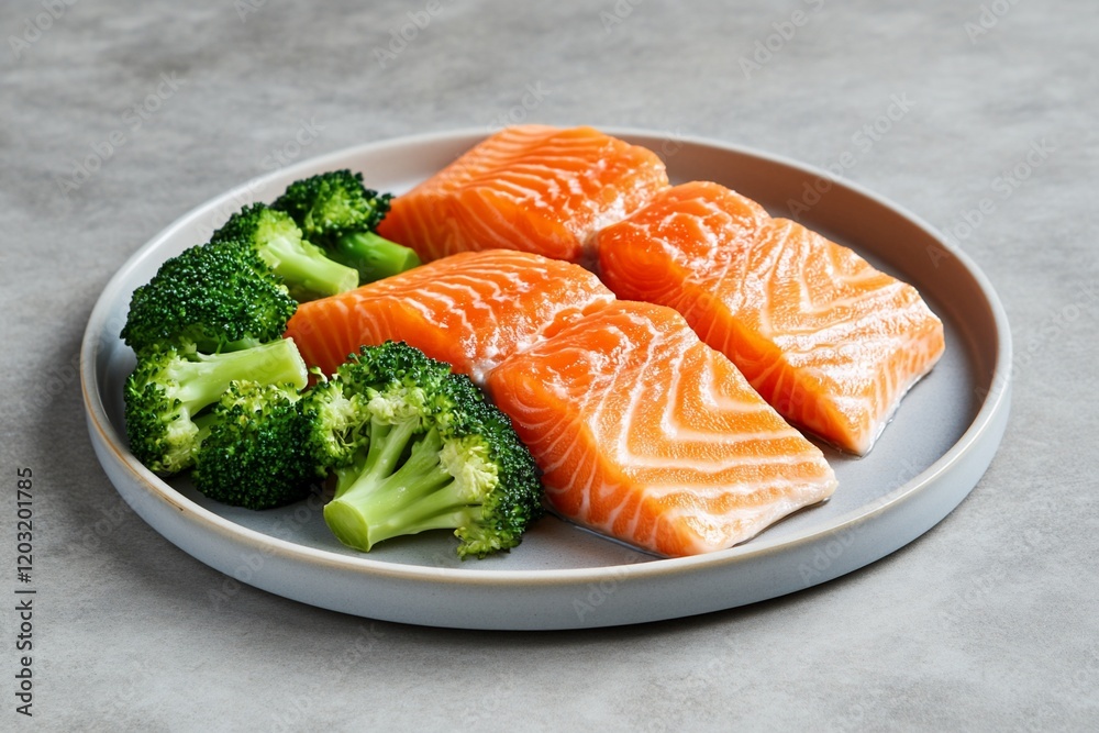 Raw salmon fillets and broccoli on a plate. Raw salmon fillets and broccoli on a plate.