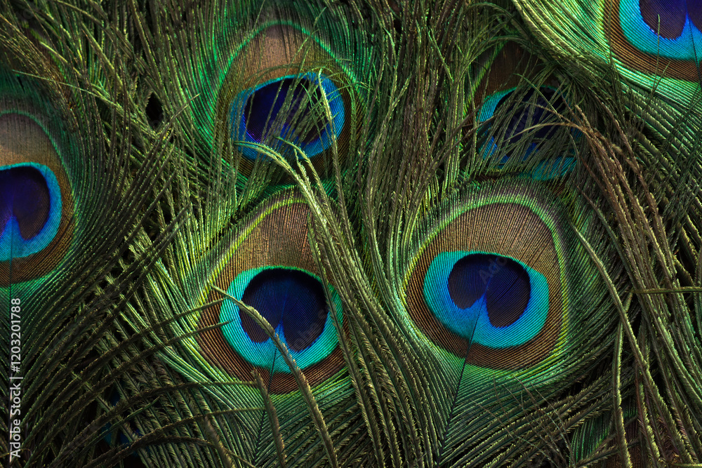 Fototapeta premium Peacock feather closeup. Selective focus.