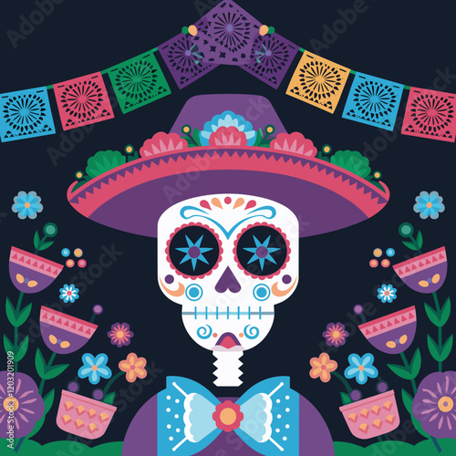 Day of the Dead Celebration with Sugar Skulls and Papel Picado