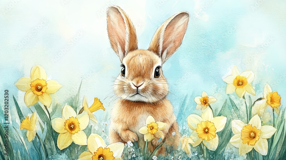 Obraz premium A watercolor illustration of a cute rabbit with Narcissus daffodils, a genus of mainly spring-flowering perennials, set against a light blue background