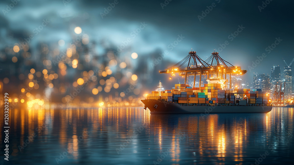 Fototapeta premium Cargo ship unloading containers at night port city maritime logistics urban waterfront aerial perspective industrial efficiency and trade