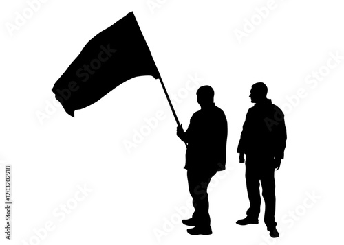 People of with banner and flags. Isolated silhouettes of people on a white background