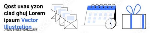 Emails being sent, calendar and clock icon next to a gift box. Ideal for marketing, scheduling, event planning, promotions, time management, reward programs and corporate gifting themes. Landing