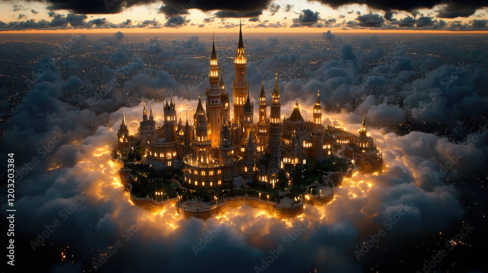 Fototapeta premium Cloudy dream aesthetic, A stunning image of a magical castle composed of glowing clouds and adorned with gold, perfect for fantasy and whimsical themes.