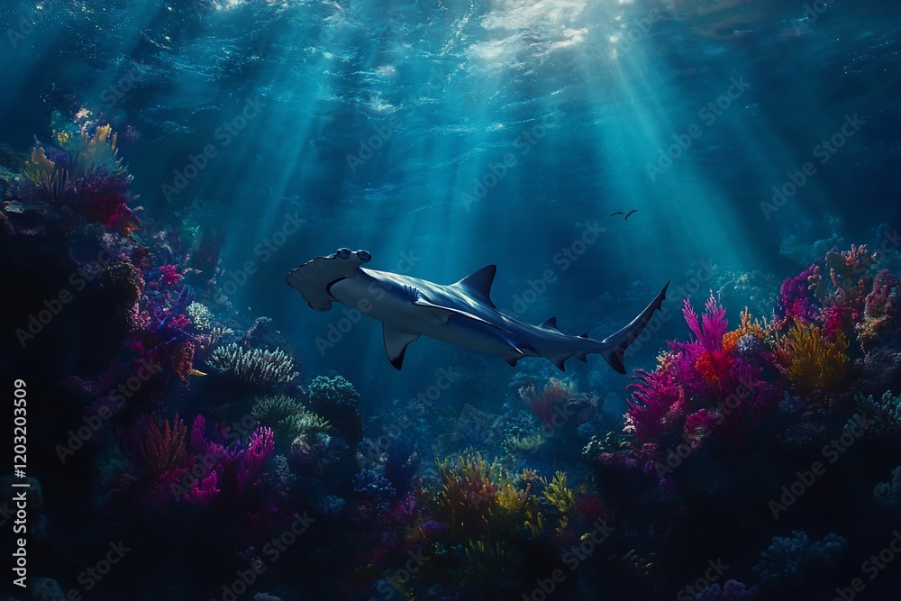 Fototapeta premium Majestic hammerhead shark gracefully swims above vibrant coral reef in sunlit ocean.