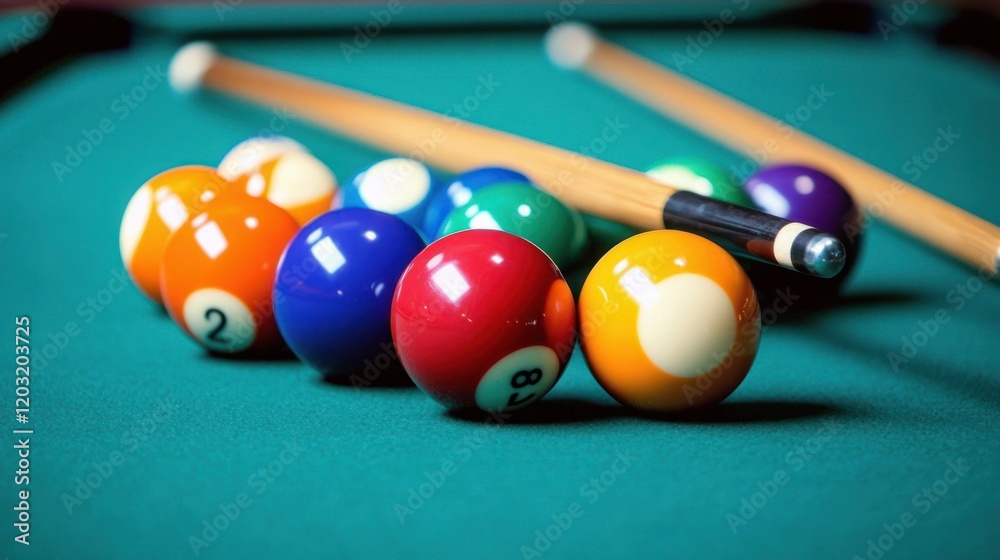 A dramatic shot of a billiard ball rolling into a corner pocket, with the table and cue in the background A dramatic shot of a billiard ball rolling into a corner pocket, with the table and cue in the background