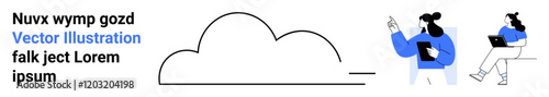 Cloud outline, a pointing man with a tablet, a woman on a chair with a laptop, blue and white color scheme. Ideal for technology, teamwork, remote work, cloud computing, digital collaboration, tech