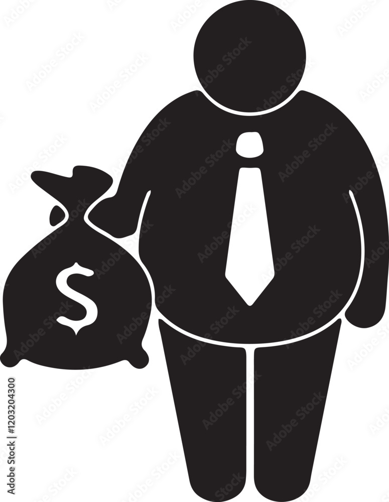 An illustration of a chubby stickman wearing a tie and holding a bag of money An illustration of a chubby stickman wearing a tie and holding a bag of money