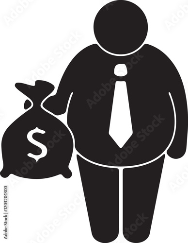 An illustration of a chubby stickman wearing a tie and holding a bag of money