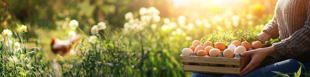Woman holding a crate of fresh eggs in a garden. Woman holding a crate of fresh eggs in a garden.