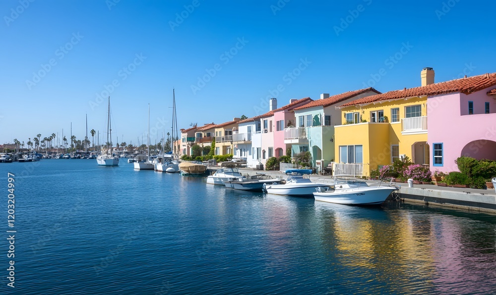 Obraz premium Beautiful harbor view with colorful houses and boats, Generative AI