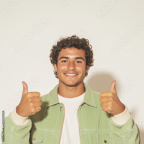 Positive Attitude: Young man with curly hair gives a double thumbs-up, expressing positivity and approval. He's wearing a light green corduroy jacket.   photo