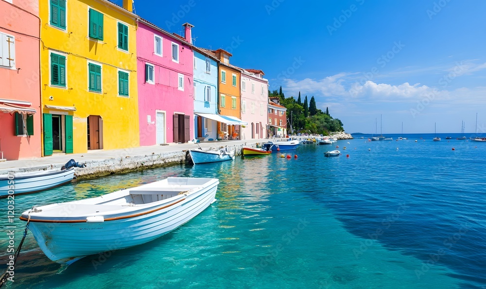 Obraz premium Beautiful harbor view with colorful houses and boats, Generative AI