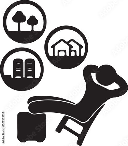 PrintIllustration of a stickman icon sitting while imagining traveling, a house, and the outdoors