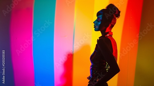 Drag queen in rainbow room, energetic projections, vibrant performance, contrasting shadows, colorful minimalism, dynamic gesture photo