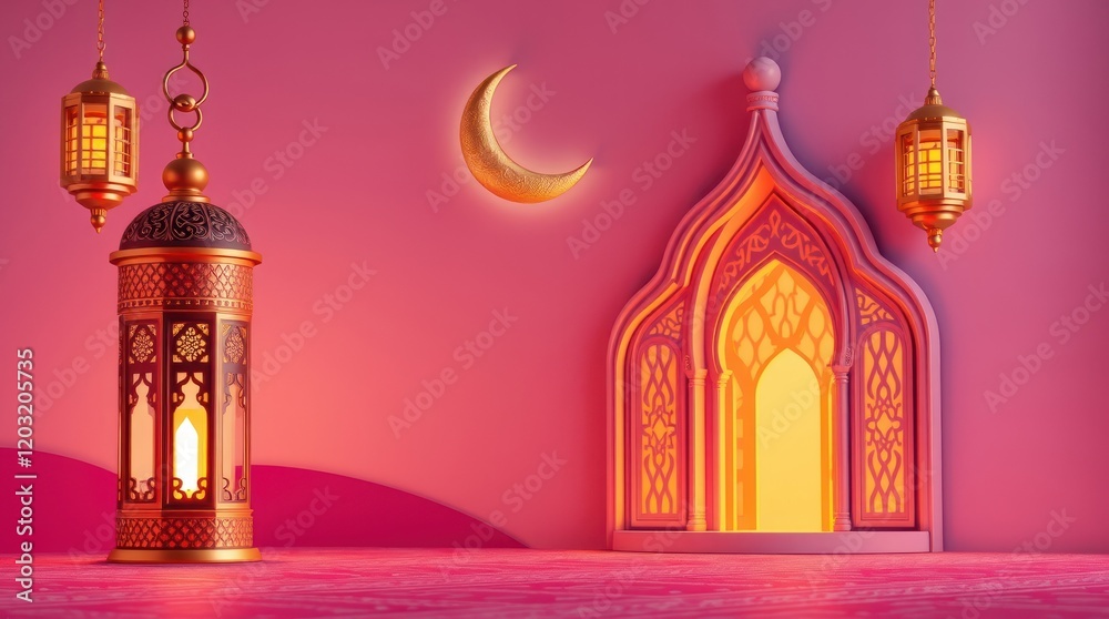 Fototapeta premium Ethereal Ramadan background 3D modern Islamic art depicting an ornamental Arabic lantern, metal moon, and mosque portal. Vibrant complimentary colors
