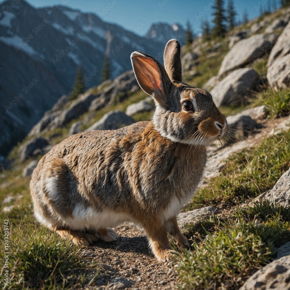 Fototapeta premium Cat is sitting on a log in a forest.cat in the garden,A tabby cat stands on a fallen log in a forest, looking directly at the camera.Portrait of a beautiful ... See More beautiful european rabbit A wa