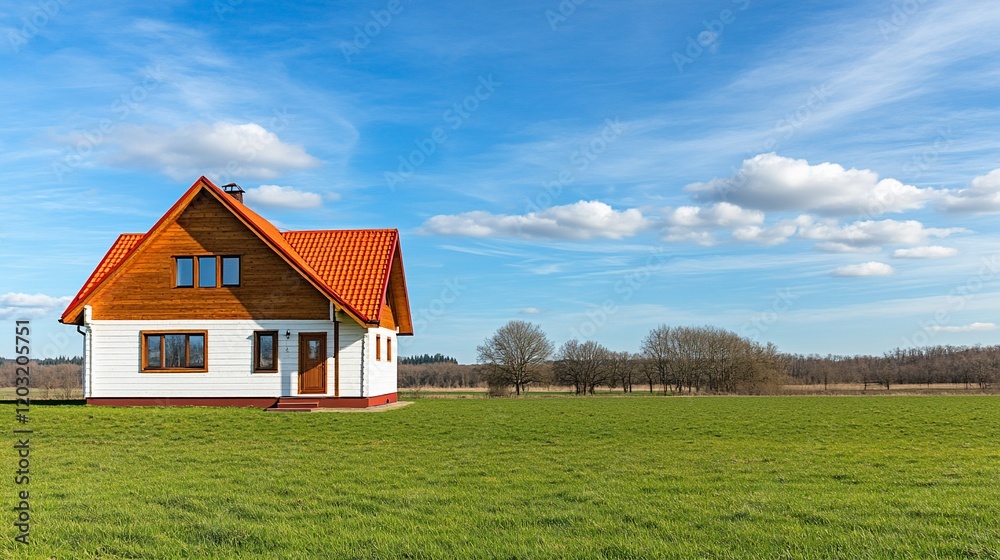 White house with orange roof in green field under blue sky. White house with orange roof in green field under blue sky.