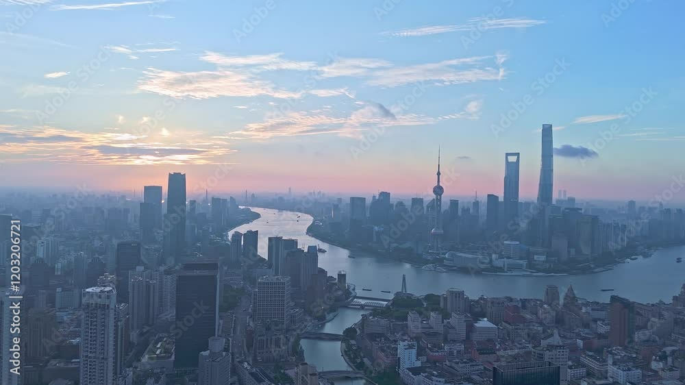 4K Real Time Aerial View of Shanghai skyline and Huangpu river at sunrise 4K Real Time Aerial View of Shanghai skyline and Huangpu river at sunrise