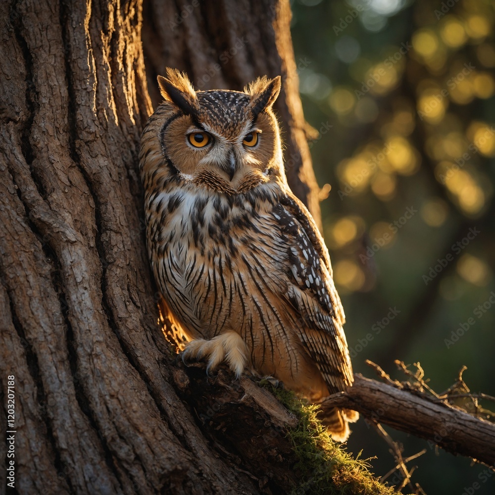 Close-up of an owl perched on a tree in the forest, with gray feathers featuring shades of brown, black, and white. It is standing on a branch, with big, staring eyes. A wild bird See Less
Close-up of an owl perched on a tree in the forest, with gray feathers featuring shades of brown, black, and white. It is standing on a branch, with big, staring eyes. A wild bird See Less