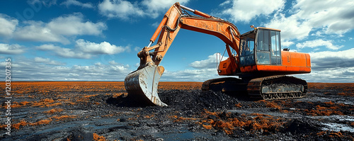 Excavator digs peat bog, sunny day