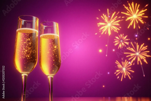 two champagne flutes with fireworks in purple gold background