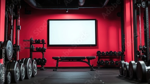 Gym setup featuring a blank digital screen surrounded by workout gear.