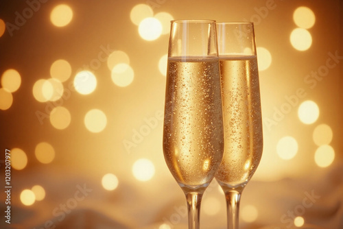 two champagne flutes with golden liquid bokeh background