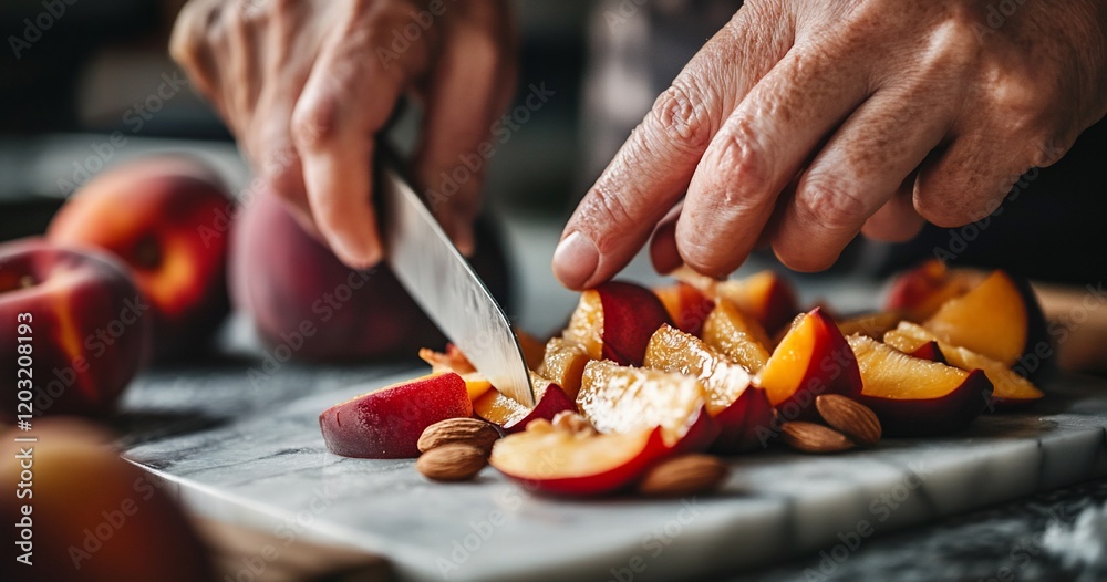 Close-up of hands slicing ripe peaches and almonds on marble board. Close-up of hands slicing ripe peaches and almonds on marble board.