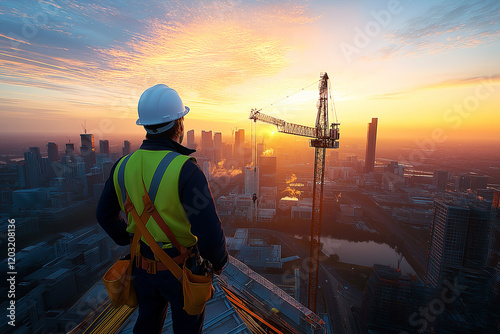 construction worker in safety helmet and vest overlooks city skyline at sunrise, with crane in background. scene captures beauty of urban development and promise of new day