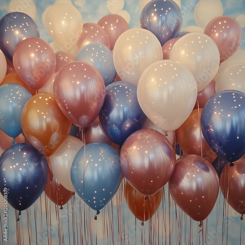 Colorful balloons in various shades, including blue, white, and brown, create festive atmosphere. shiny surfaces reflect light, enhancing joyful mood of scene