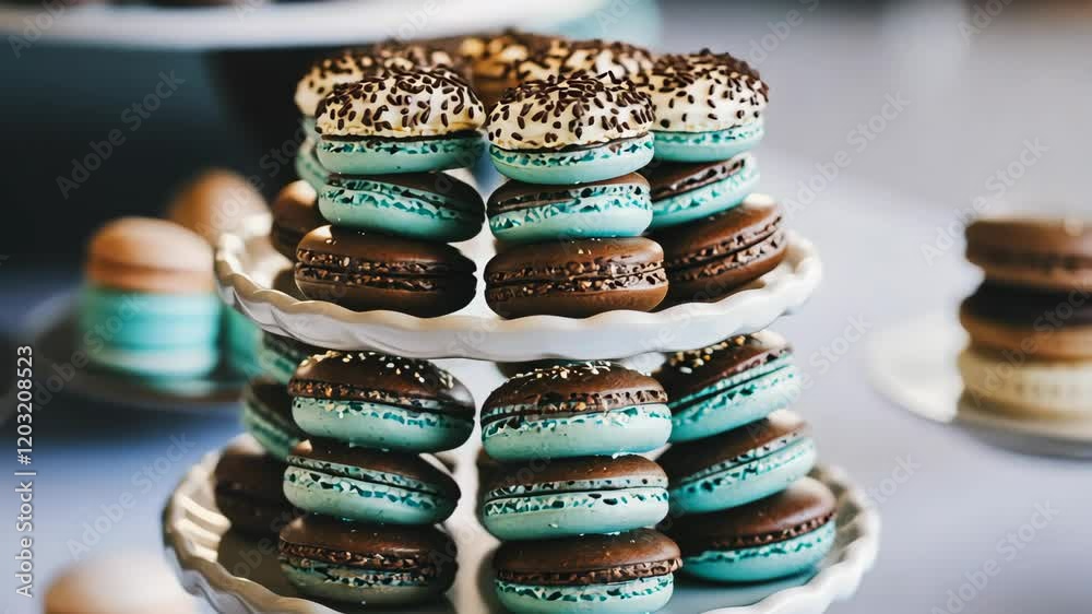 Delicious macaron tower with intricate designs and vibrant colors at a dessert display event