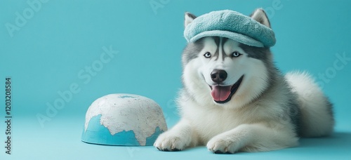 Happy husky dog wearing a hat near a bowl. photo