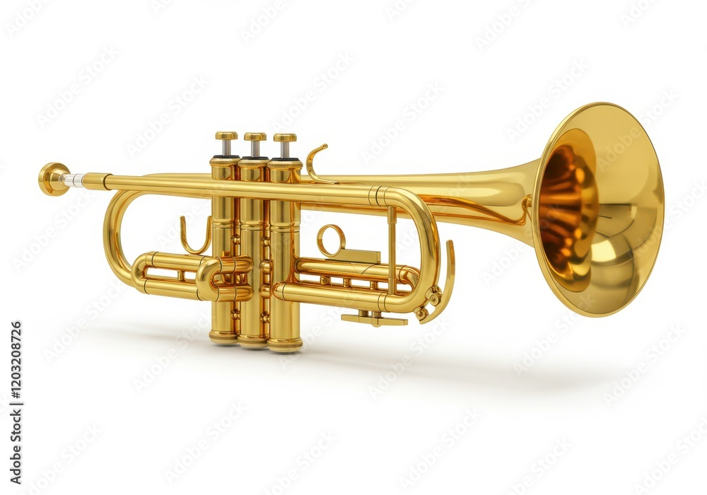 Obraz premium A shiny golden trumpet with intricate valves and a classic bell shape, symbolizing music and art isolated on white background