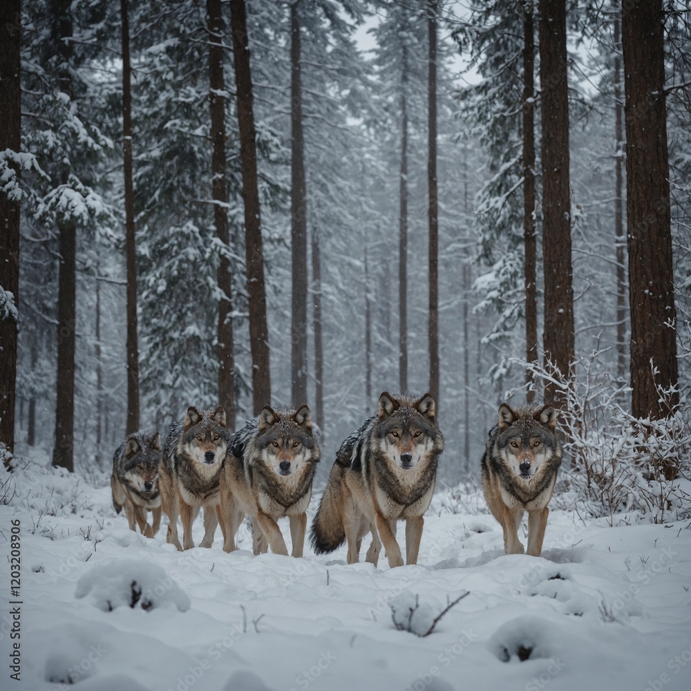 A pack of three wolves walk through a snowy forest, the sun shining through the trees behind them. Wild Winter Pack Majestic Wolves Roaming Through Snowy Forest in Unity and Strength See Less
A pack of three wolves walk through a snowy forest, the sun shining through the trees behind them. Wild Winter Pack Majestic Wolves Roaming Through Snowy Forest in Unity and Strength See Less