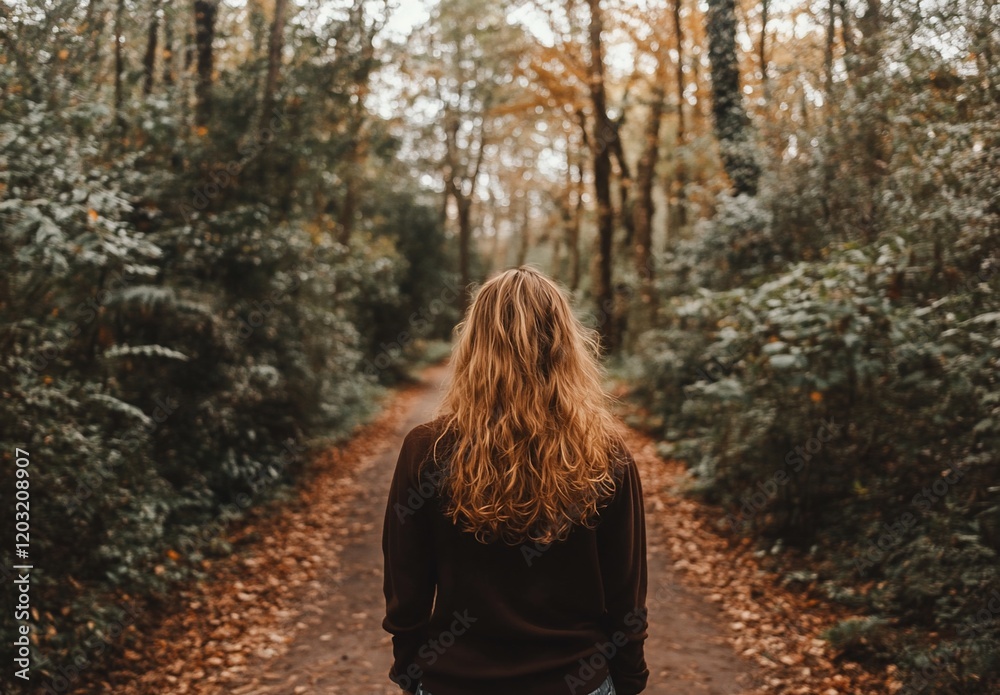 Woman with long hair walking on a path in an autumn forest. Woman with long hair walking on a path in an autumn forest.