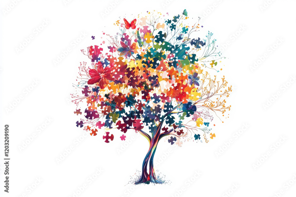Fototapeta premium Colorful artistic tree with vibrant flowers, butterflies, and jigsaw puzzle pieces creating a whimsical nature scene for creative design projects