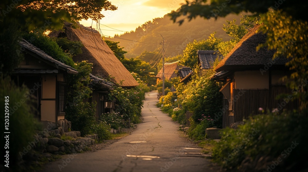 Sunset view of a quaint village road lined with traditional thatched-roof houses and lush greenery. Sunset view of a quaint village road lined with traditional thatched-roof houses and lush greenery.