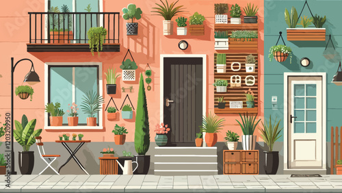 A compact and stylish front garden for an urban home, featuring vertical planters on the wall, potted plants in various sizes, a small seating area with a bench